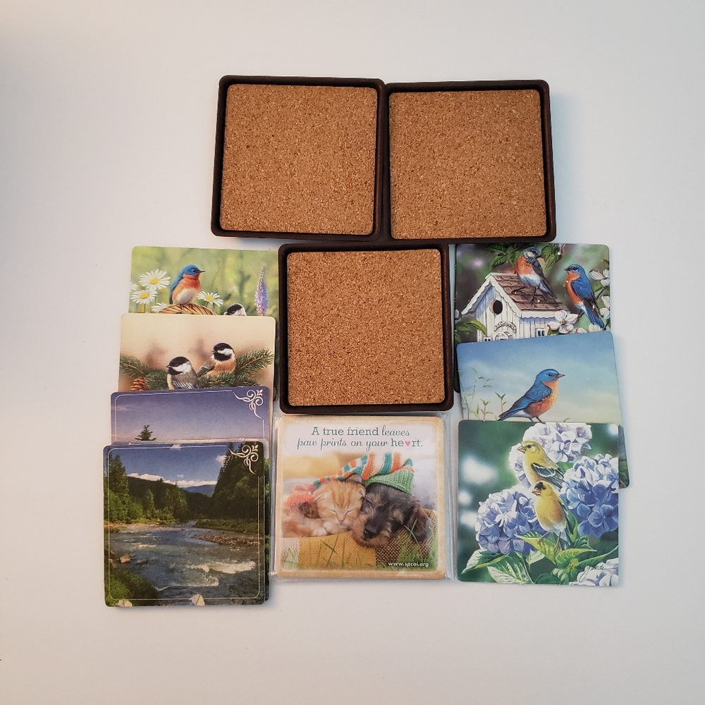 Ten Interchangeable Cardboard Coasters With Three Metal Holders Birds Nature
